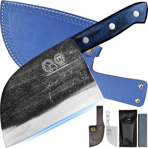 XYJ Ancient Forged Butcher Knives, Serbian Chef Knife With Sheath, Tiny Knife, Chinese Vegetable Meat Cleaver For Kitchen Camping Outdoor, Full Tang, Aço de carbono (1,7 polegadas)