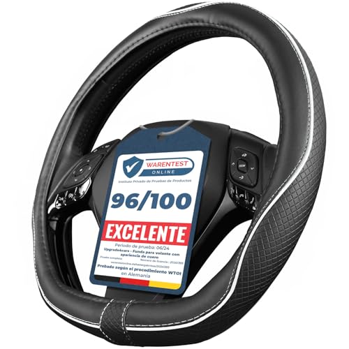 Upgrade4cars Capa volante carro forma D universal branco preto poliéster pele | cobre 37-38 cm diâmetro exterior | acessórios de carros interior decoração cobertura | ideias presentes