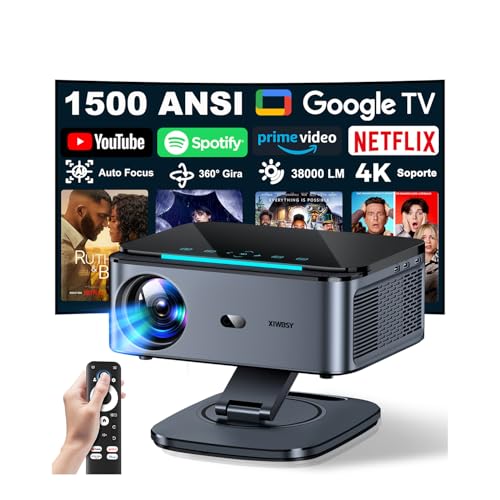 Projetor 1500 ANSI/Google TV/Auto Focus: Projetor portátil XIWBSY 38000 lúmenes, gira 360 °, Wi-Fi 6 Bluetooth 5.3, controlo por voz, suporte 4K 1080P, projetores vídeo cinema Etc. n Casa/Exterior
