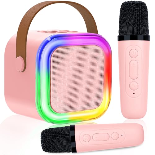 Karaoke 2 Microfones para crianças, máquina de karaoke infantil microfones sem fios altifalante Bluetooth portátil com efeitos de mudança de voz e luzes LED, melhores brinquedos presentes para meninas