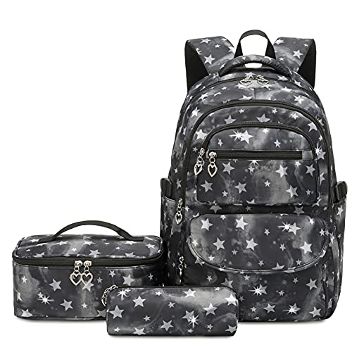 SIVENKE Conjunto de mochila escolar com lancheira, estojo para lápis, conjunto de 3 bolsas para livros estrelas mochilas escolares mochilas infantis 8 10 12 14 16 anos 3 peças conjunto de mochila