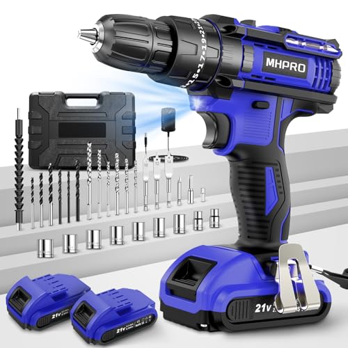 Broca de percussão a bateria, MHPRO Broca parafuso bateria 21 V com 2 baterias 2000 mAh, chave de fenda elétrica 42 Nm, 25 3 ajuste de par, 30 acessórios, 2 velocidades, luz LED para casa, bricolage