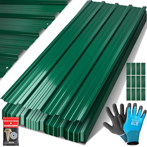 KESSER® 12 chapas perfiladas, trapezoidais perfiladas de 129 x 45 cm = 7 m², chapa de teto para casota de ferramentas, painéis de teto de aço galvanizado, 0,25 mm, Incl. Luvas de montagem, verde