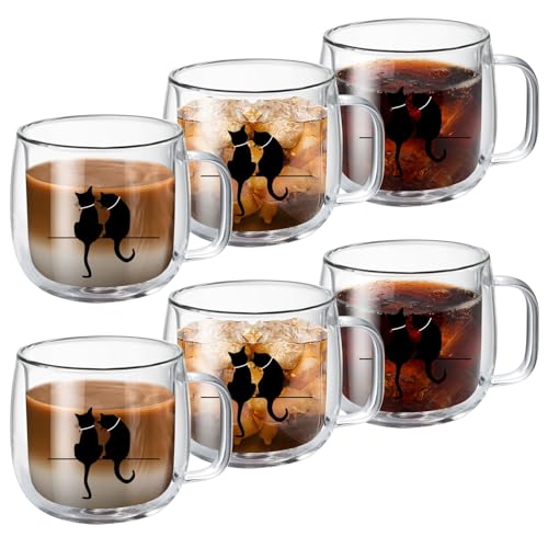 MESNEY Conjunto de 6 chávenas de café de vidro de parede dupla, 300 ml, design de gato preto, conjunto de 6 chávenas transparentes de borosilicato, isoladas, resistentes ao calor, máquinas de lavar