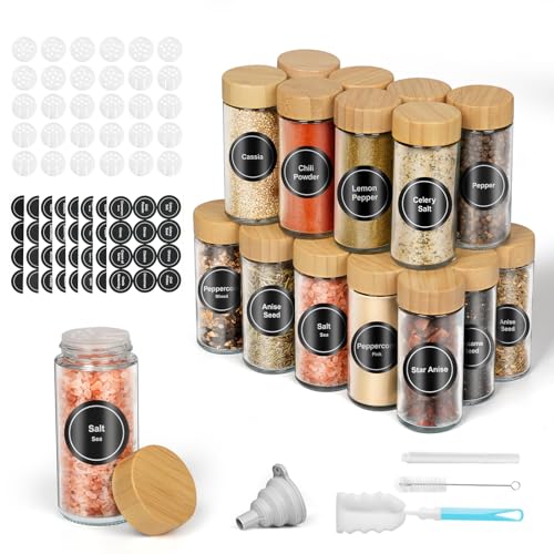 FRIBERG 24 frascos redondos de frascos de especiarias vidro com tampa de madeira, 120 ml, especiarias para cozinhar, com etiquetas, canetas, escova de limpeza, funil e coador
