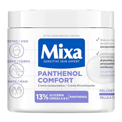 Mixa Creme corporal Panthenol Comfort para peles atópicas com 13% de [Glicerina Pantenol]. Acalma-se a comichão. Adequado para peles sensíveis e crianças. 400 ml.