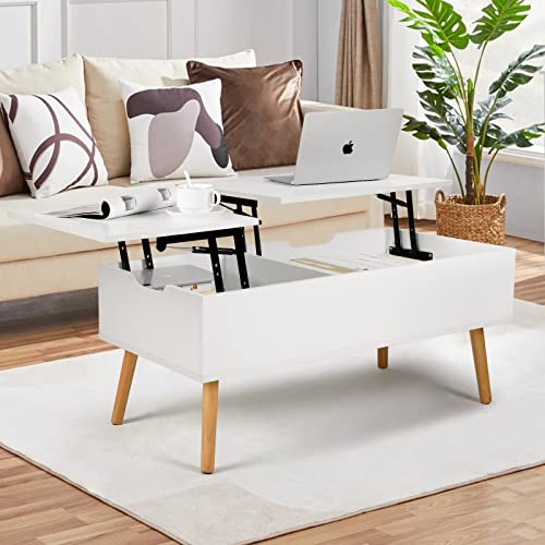 VOWNER Mesa de centro regulável em altura, removível, extensível, compartimento de armazenamento oculto independente, placa dupla elevável, mesa de sofá de sala de estar, branco