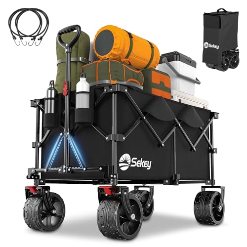 Sekey XXL Plus Carrinho de praia com travões, 200 L, 150 KG, carrinho dobrável com rodas grandes, extra 17 x 10 cm, todo o terreno, dobrável penteado em quatro direções, SE4011, preto profundo