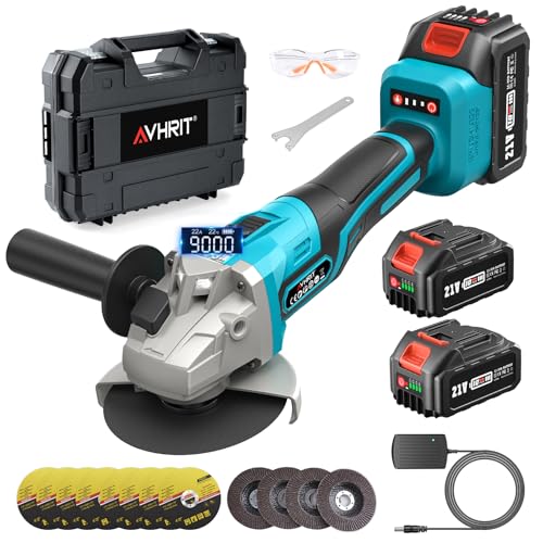 Moedor angular sem fio de 125 mm, rebarbadora de 21 V com 2 baterias e carregador de 4,0 Ah, disco de lâmina de rebarbadora de 9000 RPM para cortar, remoção de ferrugem