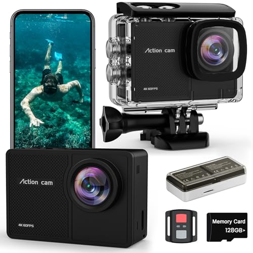 4K 60FPS Câmara desportiva - 48MP WiFi câmara de vídeo com cartão SD 128G, 170° EIS câmara aquática, câmara subaquática 40 m, câmara de ação para capacete com controlo remoto, 2 * 1350 mAh baterias