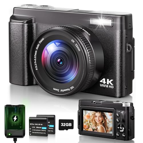 Câmara digital 4K, câmara fotográfica com foco automático de 48 MP 16 X Zoom, LCD Vlog compacta fotográfica HD com estação de carregamento, baterias 2 * 800 mAh, cartão de 32 GB para iniciantes,