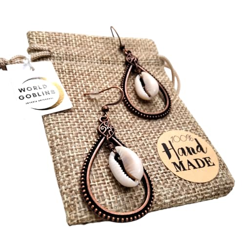 WORLD GOBLINS Pendientes Hippies Mujer Largos. Llamativos, Pendientes de Bronce y Concha Natural, Boho Vintage. Hechos a Mano, Aretes Originales Hechos en España (Bonce Concha Natural)