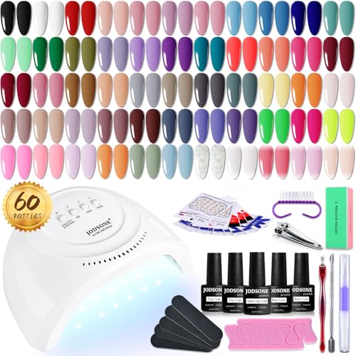 JODSONE Conjunto de vernizes de unhas de gel de 60 peças com esmalte base UV e esmalte superior mate, esmalte de espuma de unhas, ferramenta de acessório, todas as estações, etc
