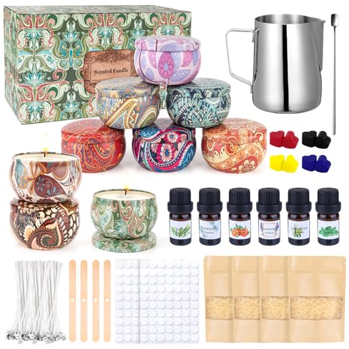 Kit para fazer velas, kit velas aromáticas de fabricação, velas de maquilhagem kit presentes criativos com 480 g de cera de soja, 9 latas, 6 fragrâncias de óleo, 100 echas, 112 autocolantes