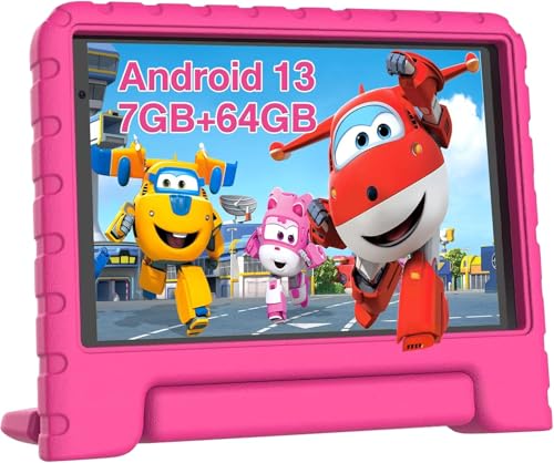 Tablet para crianças, tablet Android de 13, 7 polegadas Tablets, 7 GB RAM + 64 GB ROM, WiFi, GPS, BT 5.0, tátil HD, TUV Certificação, jogos educativos infantis, controlo parental, com capa EVA, rosa