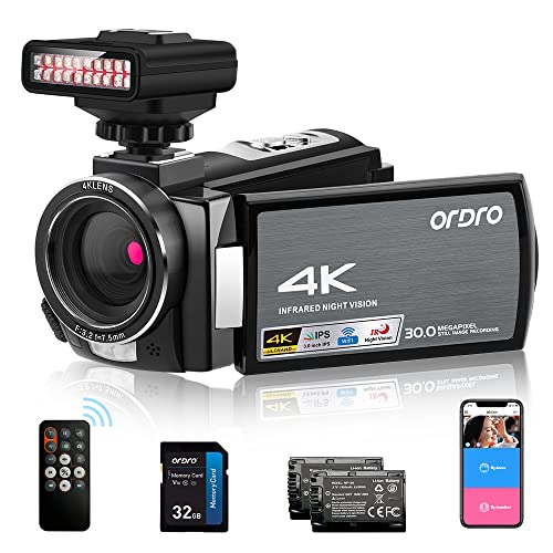 ORDRO AE8 4K Câmara de vídeo 1080P 60FPS câmara digital infravermelha câmara de caça fantasma com luz noturna IR, cartão SD de 32 GB, controlo remoto
