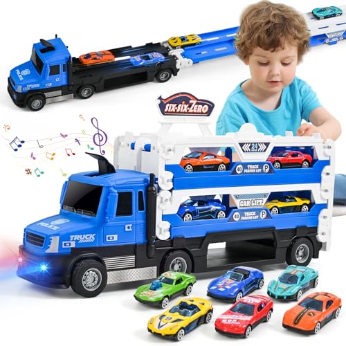 MOONTOY Camiões de brincar para crianças, pista dobrável de transporte de carros e ejetores de 140 cm e 6 carros de corrida metálicos, camião brinquedo com luzes e som, presente para crianças de 3 4 5