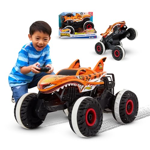 Hot Wheels Monster Trucks Carro remoto, carro de brinquedo rádio controlo telecomandado Tiger Shark Unstoppable, veículo todo-o-terreno, 3 anos, HGV87