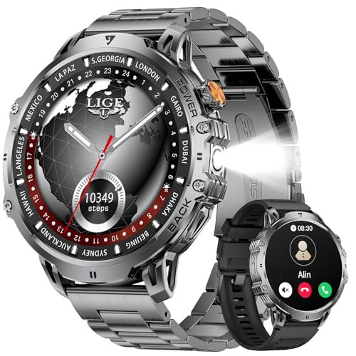 LIGE Relógio inteligente homem militar, 1,85" Smartwatch homem com/chamada Bluetooth, 1000 mAh/LED lanterna/100 modos desportivos/monitor sonho, IP68 impermeável para Android iOS, preto