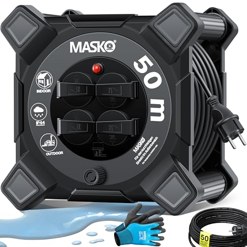 Masko® Carretel de extensão de cabo (50 m, com tomadas de proteção de contacto e alça de rolo, proteção térmica, IP44, 1000 W ~ 3000 W, inclui alça e luvas de montagem)
