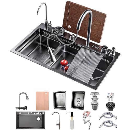 50 cm de largura lava-louça de cozinha com torneira de cozinha removível, 1 balde de aço inoxidável nano-revestimento, lava-louças preto com cascata assim como outros acessórios (Black-Grey A, 85 x 50