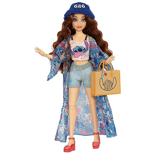 DISNEY STORE Boneca Fashion 30 cm inspirada em Stitch de verão, inclui 2 Outfits e acessórios, até 10 pontos de articulação, Brown Wavy Hair Stitch Fashion Doll