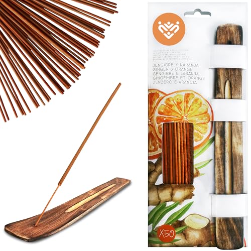 CYNENYC Incenso natural gengibre e laranja, 50 hastes premium aromáticas relaxantes, queimador artesanal de madeira incluído, feito à mão, longa duração, meditação, aromaterapia