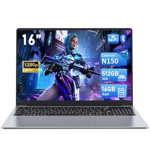 FUNYET computador portátil de 16 polegadas, computador portátil com processador N150 (até 3,4 GHz), 16 GB RAM 512 GB SSD, Win 11 portátil, 1920 x 1200 FHD Notebook, com teclado retroiluminado, 6000
