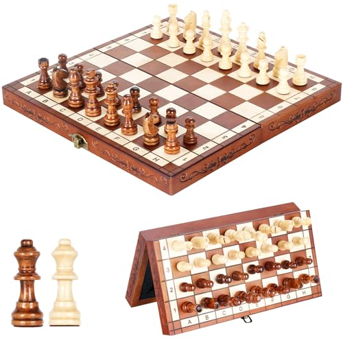 Syrace Jogo de xadrez magnético, conjunto de mesa, dobrável, de madeira, feito à mão, portátil, xadrez com peças e ranhuras de armazenamento, 2 jogadores
