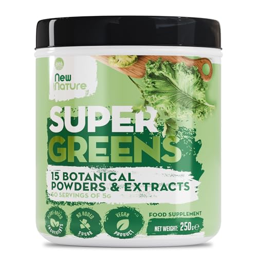 Super Greens em pó da New Nature 250 g, aumento de energia, 50 razões - Combinação de 15 superalimentos adequados para vegetais e veganos para consumo diário - sem aditivos