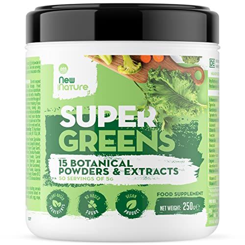 Super Greens em pó da New Nature 250 g, aumento de energia, 50 razões - Combinação de 15 superalimentos adequados para vegetais e veganos para consumo diário - sem aditivos