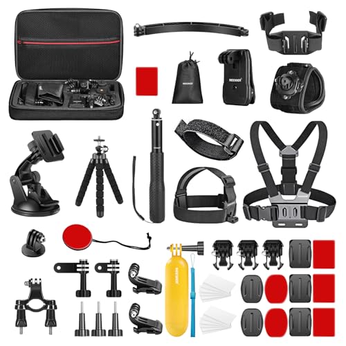 NEEWER 50 em 1 Kit de acessórios para câmara de ação, GoPro Hero 12 Hero 11 Hero10 Hero 9 8 7 GoPro MAX GoPro Fusion Insta360 X3 X2 dji Osmo Action 4 3 2 APEMAN, incluída capa Preto