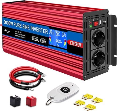 ETREPOW Inversor 24 V 220 v onda pura 3000 w/6000 w conversor de voltagem com 2 tomadas UE e USB, controlo remoto sem fios, ecrã LCD para sistemas solares, caravanas, carros, campismo