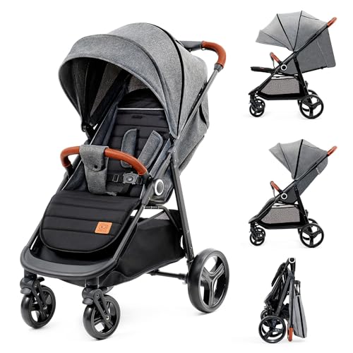 kk Kinderkraft GRANDE PLUS Cadeira de passeio leve desde o nascimento até 22 kg, dobrável com uma mão, posição deitada, suspensão de todas rodas, grande capô XL, cinzento