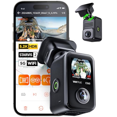 VANTRUE E360 Gravador de condução panorâmico de duplo canal 5,2 K WiFi traseiro para carro, visão noturna dupla STARVIS 2 HDR, GPS, modo de estacionamento em buffer, máximo 512 GB