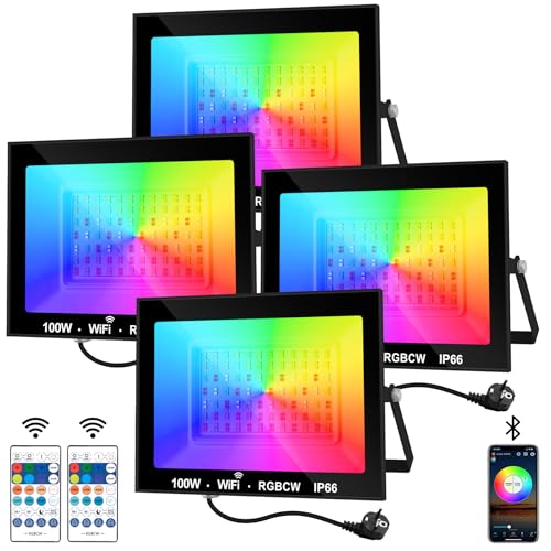 NATPOW Projetor RGB para exterior com lâmpada LED de 100 W com lâmpada RGB com APP Bluetooth e controlo remoto, IP66 impermeável Floodlight LED que muda de cor, RGB Foco para jardins, pátios, conjunto