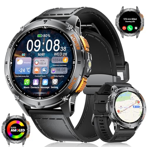 LIGE GPS Relógio inteligente homem com barómetro/altura/bússola, ecrã AMOLED HD 1,43", Smartwatch com lanterna LED integrada, 110 modos desportivos/530 mAh bateria / impermeável IP68, iOS Android