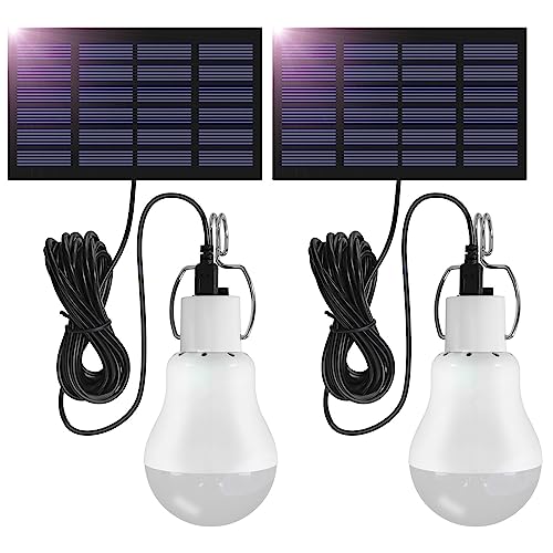 Candeeiro solar suspenso exterior 3 W com cabo 3,45 m, painel portátil, lanterna recarregável para pesca, tenda de campanha, caminhadas, emergência, jardim, 2 conjuntos