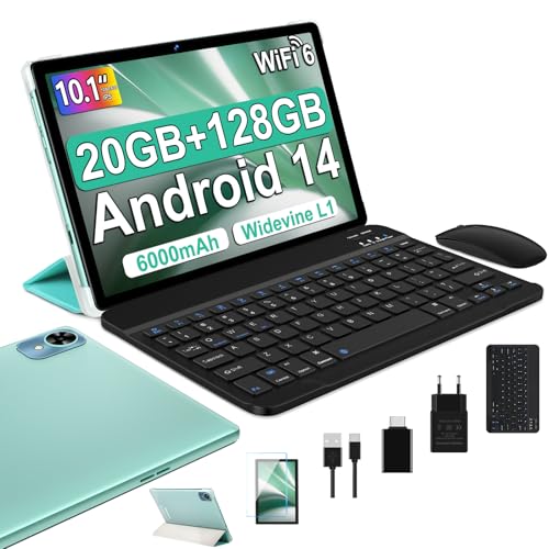 fezawio Tablet de 10 polegadas Android 14 Tablet, 20 GB RAM + 128 GB ROM (TF 1TB), Octa-Core, tablet com teclado e rato seguro, quebra de ecrã de um ano - (verde)