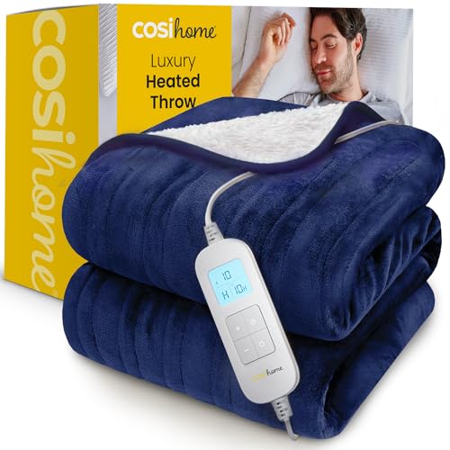 Cosi Home Cobertor elétrico grande, 180 x 130 cm, 10 níveis de calor, forro polar e sherpa laváveis na máquina, controlo digital, temporizador de 10 h, manta de sofá. azul-marinho