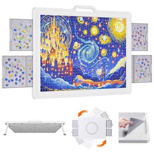 Lifewit Puzzle Board com 4 gavetas e tampas de 1500 peças, mesa de quebra-cabeças com suporte inclinado e bandeja de feltro, multifuncional placa puzzle giratório, 88,9 x 68,5 cm, branco