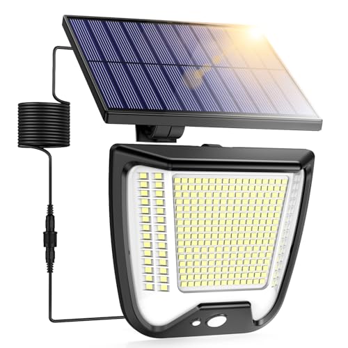 Luz solar exterior jardim com holofote de luz - 288 LED holofotes solares exteriores com sensor de movimento IP65 impermeável luzes solares exteriores poderosas com cabo de extensão 5 m para jardim