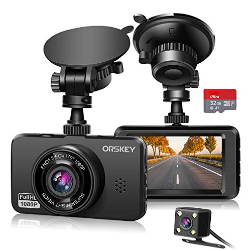 ORSKEY Câmara de carro frontal e traseira, cartão 32 GB SD incluído Dashcam de lente dupla 1080P Full HD para carros de 170º grande ângulo com gravação em loop e sensor G