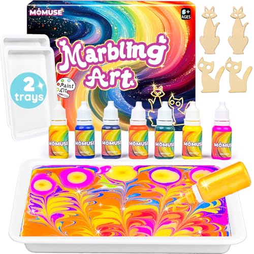 MOMUSE Conjunto de trabalhos manuais para crianças a partir dos 6 anos com 2 bandejas, conjunto de pintura marmorizada de água e figuras de gatos de madeira, artesanato criativo para meninas de 8