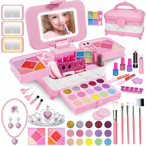 YasinKidz Kit de maquilhagem para meninas com espelho cosmético LED de 3 cores, 60 peças lavável, para 3-7 anos, festa, aniversário, Natal