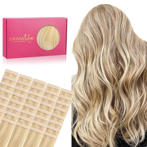 WENNALIFE Extensões adesivas cabelo natural, 55 cm 100 g 40 peças loiro claro dourado destaque extensões de cabelo humano para meninas
