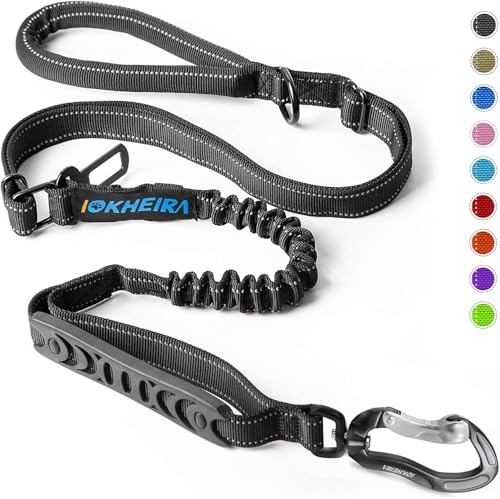 Iokheira Trela para cão de 5 pés, 4 em 1 trelas para cães, ajustável, com cinto de segurança para carro e alça acolchoada, elástica e refletora, cães médio/grande (preto)