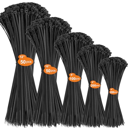 Conjunto de abraçadeiras pretas de 600 abraçadeiras de flange, 100/150/200/300 mm, resistentes aos raios UV, resistência à tração de até 22 kg, abraçadeiras auto-bloqueadoras para gestão de cabos,
