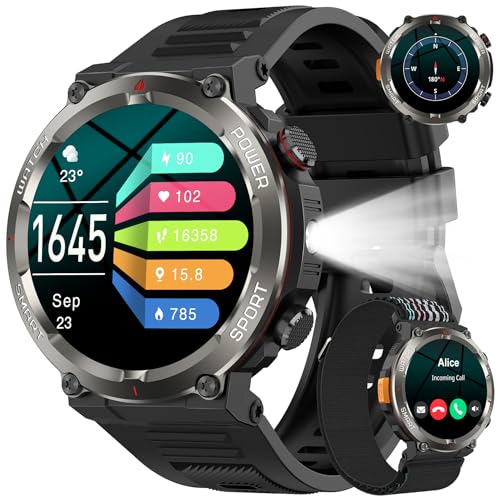 Relógio inteligente para homem, W50Pro Smartwatch homem com lanterna e bússola, Smartwatch com chamadas Bluetooth, bateria grande de 960 mAh, monitor de sono, podómetro, pulseira atividade impermeável