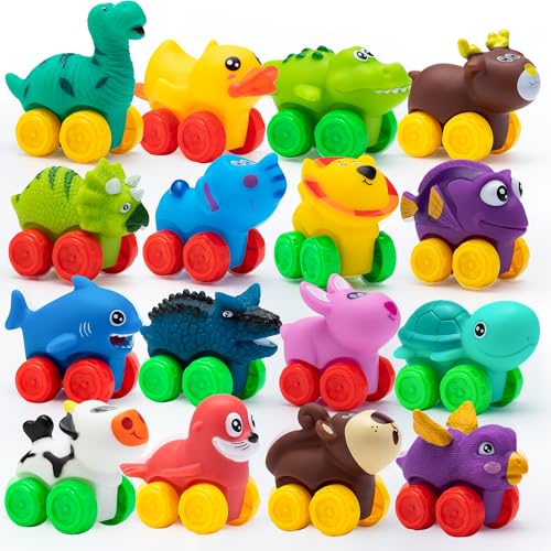 JOYIN Carros de animais, conjunto de carros de borracha macia, mini veículos de brinquedo para bebés, carros de brinquedo para casa de banho para meninos e meninas, presente de aniversário de Natal